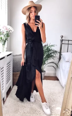 FLOUNCE LONDON Wrap Front Satin Maxi Dress In Black -DRESSES SHOP 2020 07 29 Megan Cara Flounce1