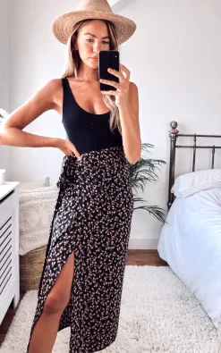 D.Anna Blush Floral Print Midi Wrap Skirt In Black -DRESSES SHOP 2020 08 17 Megan Cara Danna39