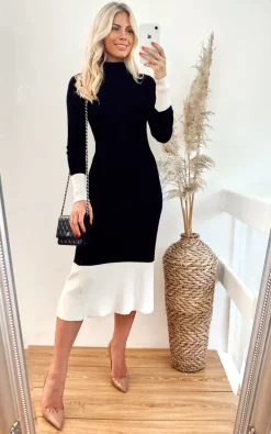 CY Boutique Soft Knitted Ribbed Midi Bodycon Dress In Black Cream Contrast Design -DRESSES SHOP 2020 08 19 Megan Sasha CYboutique33