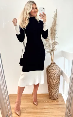 CY Boutique Soft Knitted Ribbed Midi Bodycon Dress In Black Cream Contrast Design