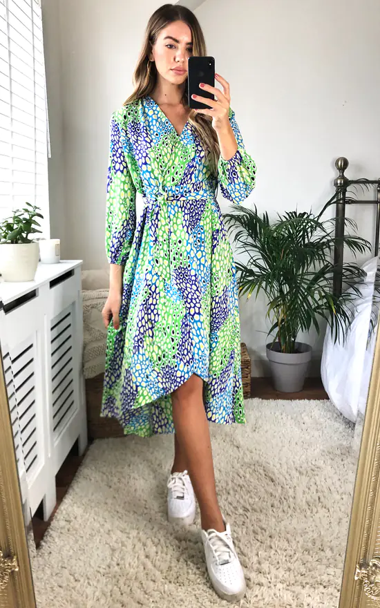D.Anna Plunge Neck Leopard Print Wrap Midi Dress In Green/Blue And Green 2 D.Anna Plunge Neck Leopard Print Wrap Midi Dress In Green/Blue And Green - Image 2