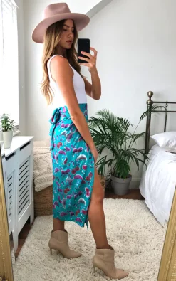 D.Anna Floral Print Midi Wrap Skirt In Turquoise -DRESSES SHOP 2020 09 21 Megan Cara Danna29