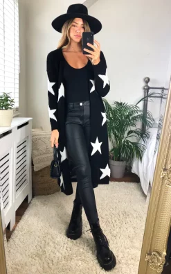 KURT MULLER Star Print Long Cardigan In Black