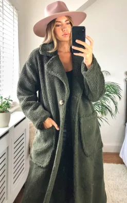 Gini London Khaki Longline Teddy Coat -DRESSES SHOP 2020 10 01 Megan Cara Gini9