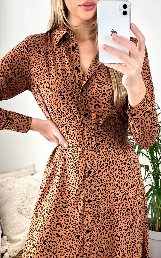 SlayTwins Dana Leopard Print Shirt Dress With Belt Tan 4 SlayTwins Dana Leopard Print Shirt Dress With Belt Tan - Image 4