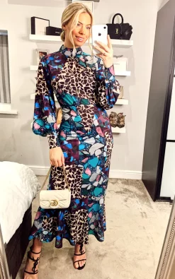 ANGELEYE Multi Print Long Chiffon High Neck Tea Dress