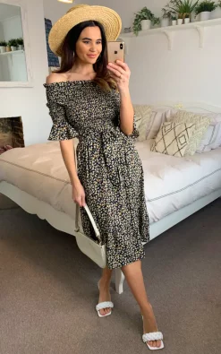 Shikha London Off Shoulder Tiered Midi Dress In Black Ditsy Floral