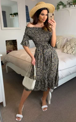 Shikha London Off Shoulder Tiered Midi Dress In Black Ditsy Floral -DRESSES SHOP 2021 03 11 Megan Naomi Shikha67