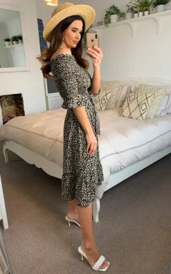 Shikha London Off Shoulder Tiered Midi Dress In Black Ditsy Floral -DRESSES SHOP 2021 03 11 Megan Naomi Shikha69