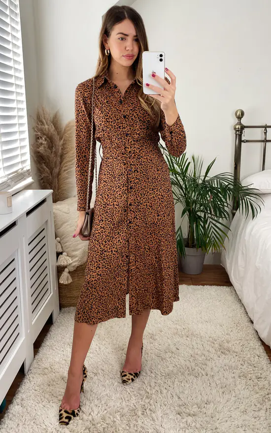 SlayTwins Dana Leopard Print Shirt Dress With Belt Tan 1 SlayTwins Dana Leopard Print Shirt Dress With Belt Tan