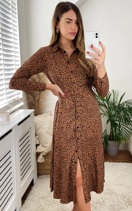 SlayTwins Dana Leopard Print Shirt Dress With Belt Tan 2 SlayTwins Dana Leopard Print Shirt Dress With Belt Tan - Image 2