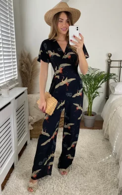 Yumi Crane Print Tie Jumpsuit In Black