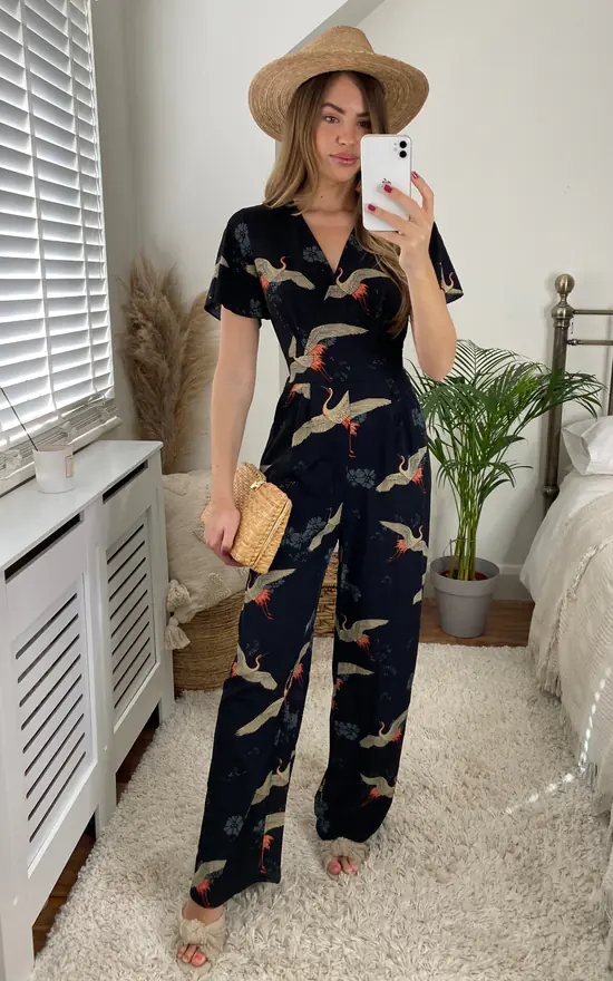 Yumi Crane Print Tie Jumpsuit In Black 3 Yumi Crane Print Tie Jumpsuit In Black - Image 3