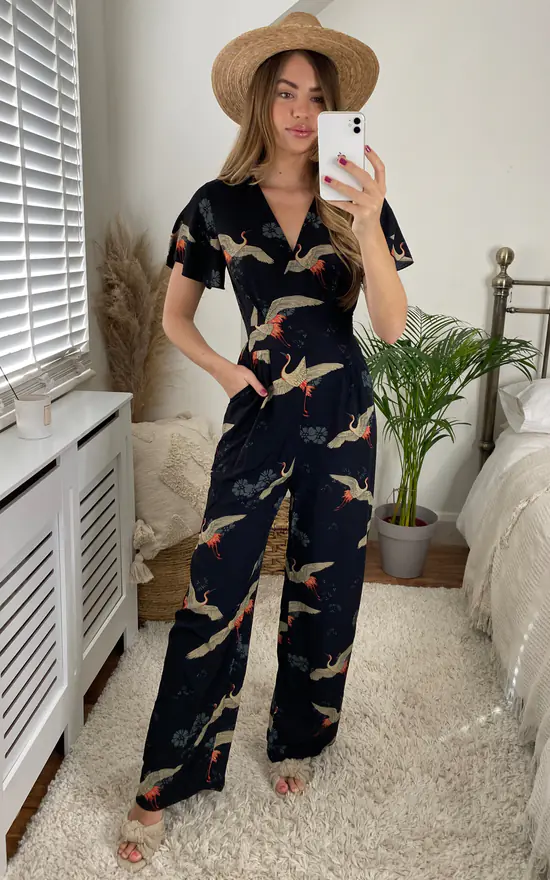 Yumi Crane Print Tie Jumpsuit In Black 2 Yumi Crane Print Tie Jumpsuit In Black - Image 2