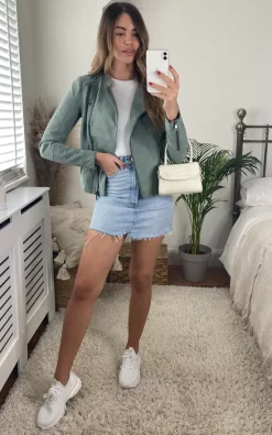 ONLY Faux Leather Biker Jacket In Green -DRESSES SHOP 2021 04 09 Megan Cara Only11