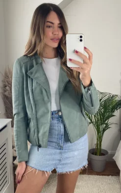ONLY Faux Leather Biker Jacket In Green