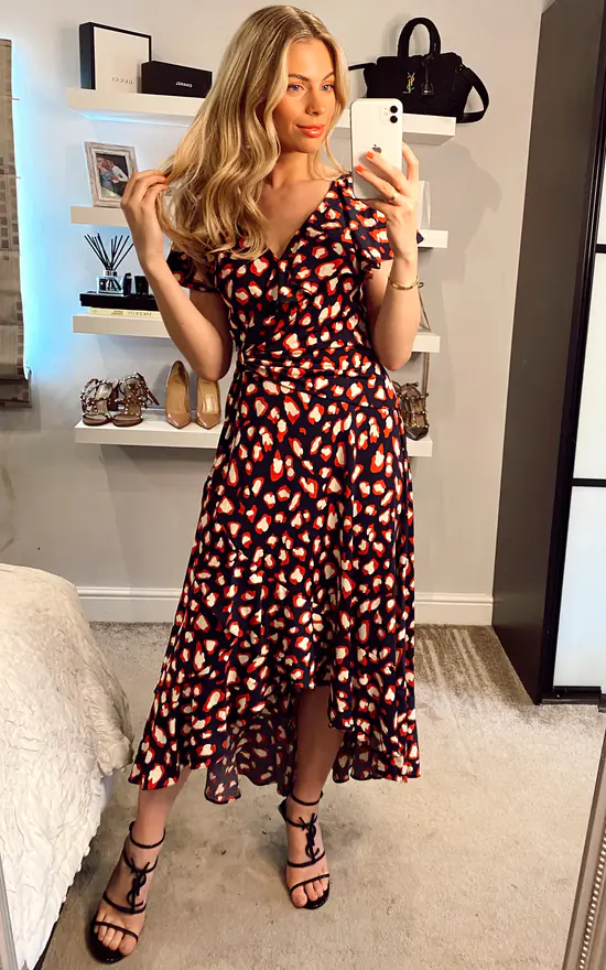 JOLIE MOI Printed Ruffle Dip Hem Maxi Dress, Navy Animal - Image 2