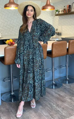 Blue Vanilla Mara Leopard Print Tiered Maxi Dress In Khaki