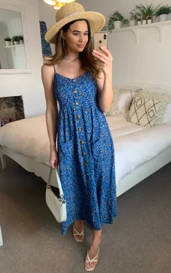 TENKI LONDON Blue Strappy Leopard Print Button Midi Dress