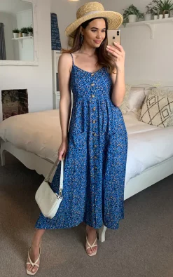 TENKI LONDON Blue Strappy Leopard Print Button Midi Dress -DRESSES SHOP 2021 04 19 Megan Naomi Tenki57