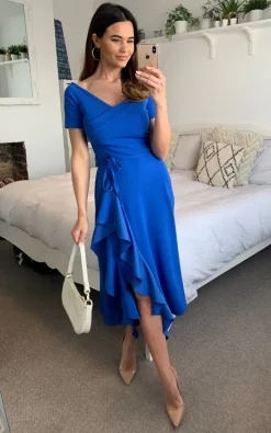 Feverfish Exclusive Bardot Frill Midi Dress Dark Royal Blue -DRESSES SHOP 2021 04 21 Megan Naomi FeverFish2