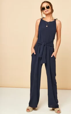Bella And Blue Tie Front Jumpsuit In Navy