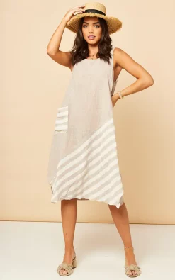 Bella And Blue Sleeveless Summer Midi Dress In Beige With White Stripes
