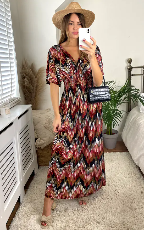 KURT MULLER Red Metallic Missoni Print Crossover Maxi Dress 2 KURT MULLER Red Metallic Missoni Print Crossover Maxi Dress - Image 2
