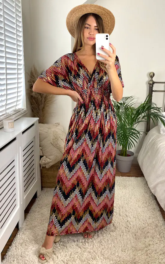 KURT MULLER Red Metallic Missoni Print Crossover Maxi Dress 1 KURT MULLER Red Metallic Missoni Print Crossover Maxi Dress