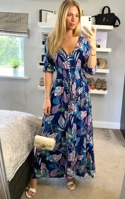 ANGELEYE Multi Print Feather Buttoned Midi Dress In Navy