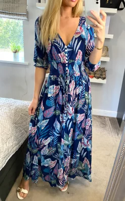 ANGELEYE Multi Print Feather Buttoned Midi Dress In Navy -DRESSES SHOP 2021 04 25 sasha anegleye 23 04 2021 12 17 23