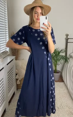 Bella And Blue Maxi Oversized T Shirt Dress In Navy Polka Dot -DRESSES SHOP 2021 05 21 Megan Cara Bella Blue40