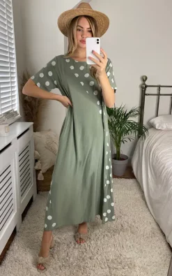 Bella And Blue Maxi Oversized T Shirt Dress In Khaki Polka Dot