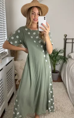 Bella And Blue Maxi Oversized T Shirt Dress In Khaki Polka Dot -DRESSES SHOP 2021 05 21 Megan Cara Bella Blue53