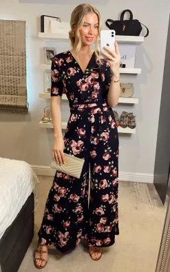 Jolie Moi Bailee Wrap Jersey Jumpsuit, Black Floral