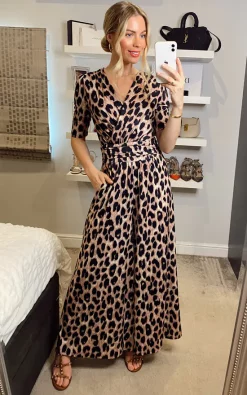 Jolie Moi Bailee Wrap Jersey Jumpsuit, Pink Animal