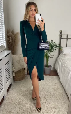 Jenerique Long Sleeve Midi Wrap Style Green Dress