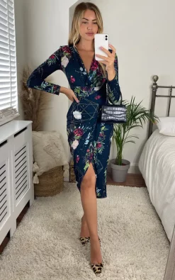 Jenerique Long Sleeve Midi Wrap Style Dress In Geometric Floral Print