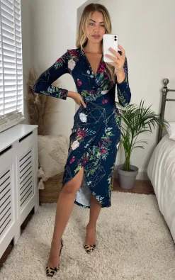 Jenerique Long Sleeve Midi Wrap Style Dress In Geometric Floral Print -DRESSES SHOP 2021 06 11 Megan Cara Jenerique8