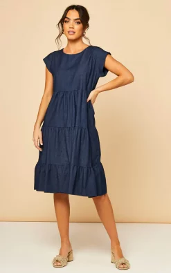 Bella And Blue Tiered Denim Dress In Dark Blue