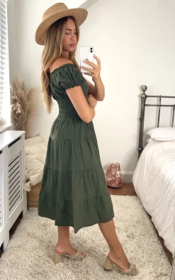 KURT MULLER Khaki Bardot Midi Dress -DRESSES SHOP 2021 07 07 cara Kurt Muller 11 07 2021 02 10 08