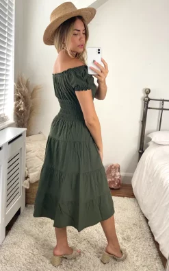 KURT MULLER Khaki Bardot Midi Dress -DRESSES SHOP 2021 07 07 cara Kurt Muller 11 07 2021 02 10 19