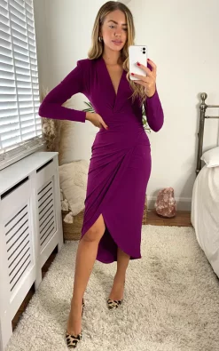 Jenerique Midi Wrap Style Long Sleeves Dress In Fuchsia Colour