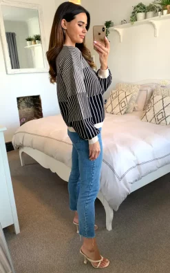 D.Anna Stripe Ribbed Knit Jumper With Bell Sleeves In Black And Beige -DRESSES SHOP 2021 08 05 naomi d.anna 04 08 2021 14 35 44