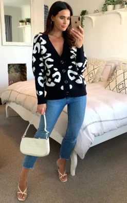 D.Anna Black And White Leopard Button Down Ribbed Knit V Neck Cardigan