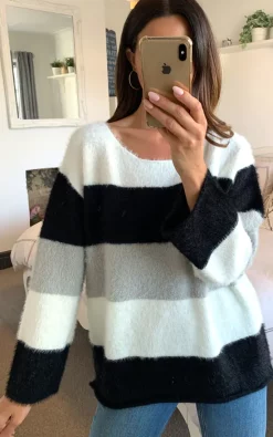 D.Anna Black, Grey And White Stripe Colour Block Long Sleeve Knit Jumper -DRESSES SHOP 2021 08 05 naomi d.anna 04 08 2021 14 41 00