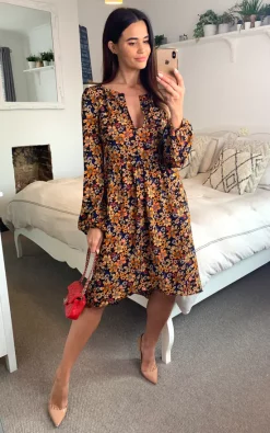 Traffic People Long Sleeve Tresspass Midi Dress In Black Floral