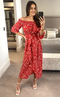 D.Anna Red Bardot Floral Print Midi Wrap Dress With Front Slit