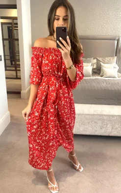 D.Anna Red Bardot Floral Print Midi Wrap Dress With Front Slit -DRESSES SHOP 2021 08 17 Megan D.anna 0375