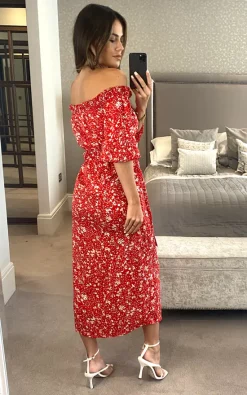 D.Anna Red Bardot Floral Print Midi Wrap Dress With Front Slit -DRESSES SHOP 2021 08 17 Megan D.anna 0377